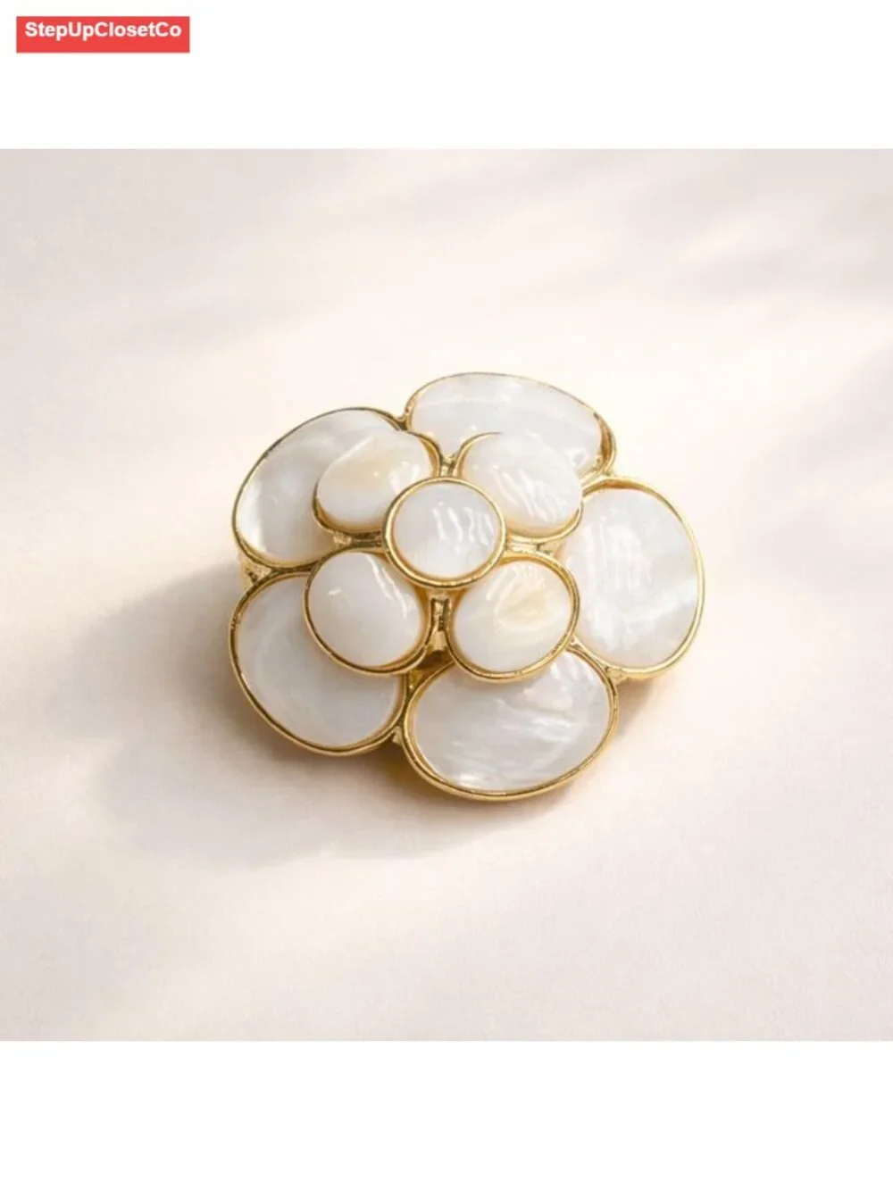 Luxury Copper & Natural Seashell Camellia Brooch Floral Pin